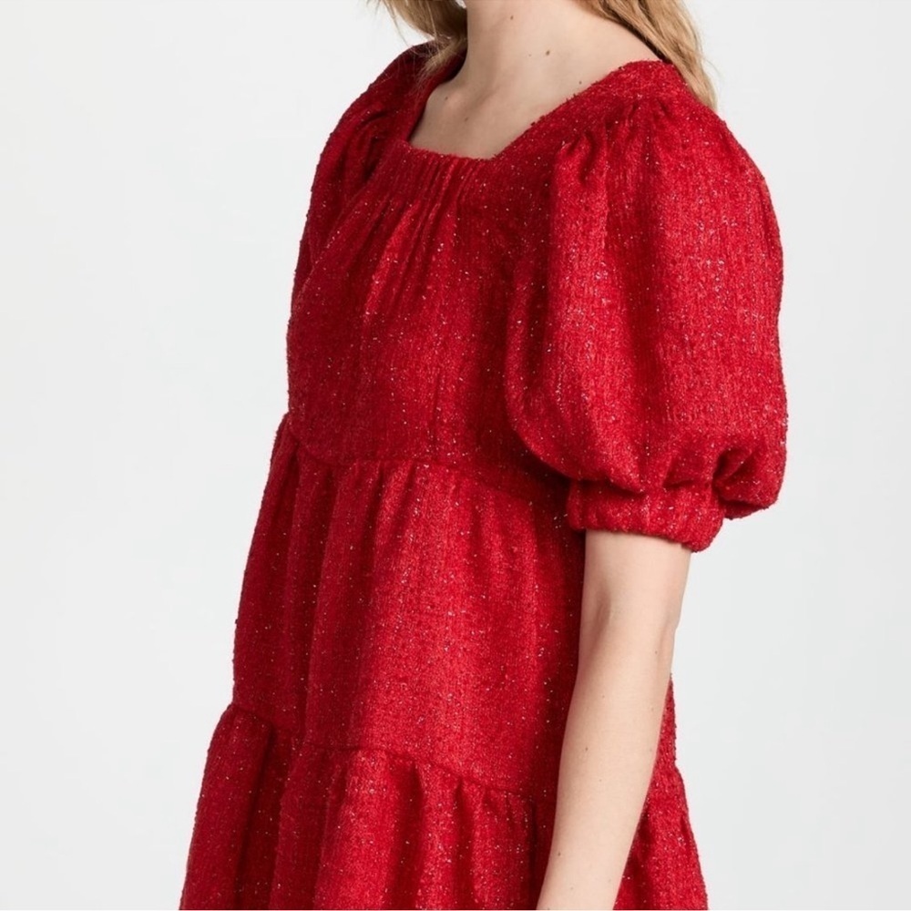 NWT Sister Jane Carina Red Tweed Mini Dress Size Medium Puff Sleeve Tiered - Picture 4 of 9